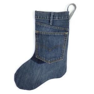 Hand Made Upcycled Dark Blue Wash Lined 17" Hanging Denim Stocking Boot
